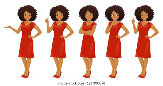 Woman character in dress set with different gestures isolated