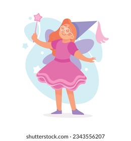 Woman Character Dressed in Carnival and Party Fairy Outfit with Magic Wand Vector Illustration