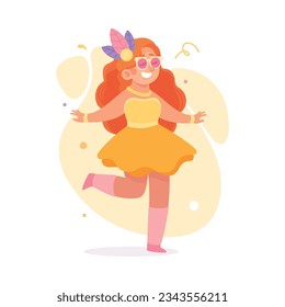 Woman Character Dressed in Carnival and Party Outfit with Bright Feathers Vector Illustration