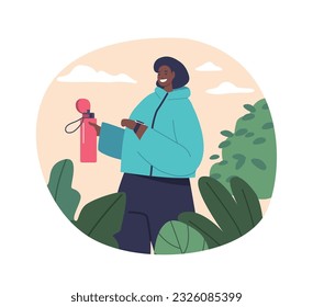 Woman Character Drinks Water From A Bottle, Glancing At Her Wristwatch For Time, Cartoon People Vector Illustration