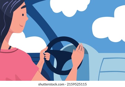 Ilustración del vector del vehículo de la mujer sentado en el asiento del conductor