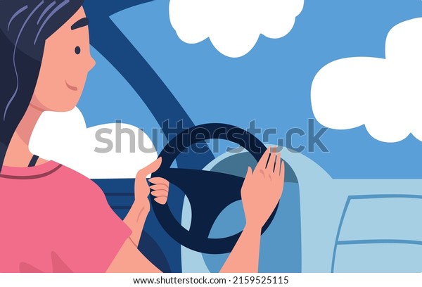 Woman Character Driving Car Sitting on\
Driver Seat Inside Vehicle Vector\
Illustration