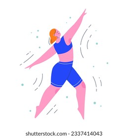 Woman character in a dynamic dancing pose. Flat colorful people vector illustration. 
