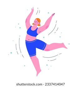 Woman character in a dynamic dancing pose. Flat colorful people vector illustration. 