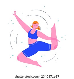 Woman character in a dynamic dancing pose. Flat colorful people vector illustration.