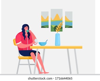 Woman character eat breakfast and drink tea, coffee isolated on white, flat vector illustration. Female chat mobile phone, lunch foodstuff. Cozy fashion room interior, quiet morning rest.
