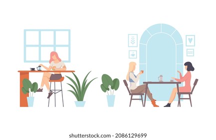 Woman Character Eating Out Sitting At Cafe Table Having Dinner With Friend And Alone Vector Set