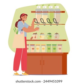 Woman Character With An Eco Bag Purchases Sustainable Products In The Market Store, Buying Cereals, Emphasizing Environmental Consciousness In Her Shopping Choices. Cartoon People Vector Illustration