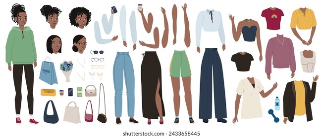 Woman character elements constructor mega set in flat graphic design. Creator kit with african american female, body legs and arms, hairstyles heads, clothes and accessories. Vector illustration.