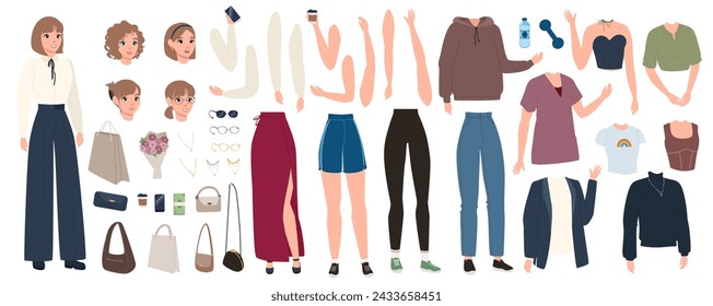 Woman character elements constructor mega set in flat graphic design. Creator kit with caucasian female, body legs and arms, heads with hairstyles, stylish cloth, accessories. Vector illustration.