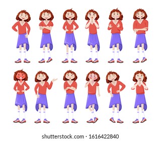 Woman character emotions set. Women facial emotion, girl in various poses, facial expressions vector. Fear anger embarrassment sadness resentment anger disgust surprise contempt tenderness