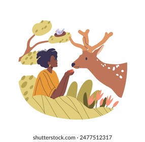 Woman Character Enjoying A Peaceful Moment In Nature While Feeding A Deer. Serene Environment with Trees, Flowers