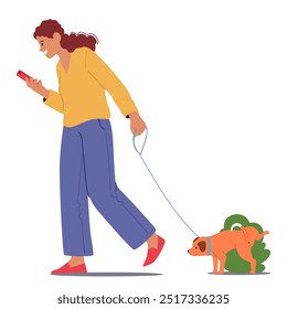 A Personagem Mulher Gosta De Passear Enquanto Se Envolve Com O Telefone E Caminhando Com Seu Cão. Um Momento De Tecnologia E Lazer Isolado Em Fundo Branco. Ilustração do vetor de pessoas do desenho animado