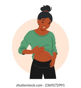 Woman Character Experiencing Bloating Gastritis Symptom Appears Uncomfortable, With Abdominal Distension, And Discomfort, Due To Inflammation In The Stomach Lining. Cartoon People Vector Illustration