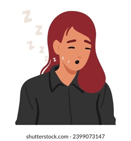 Woman Character Face Displays A Sleepy Emotion, Accentuated By Gentle Zzz Symbols, Conveying Tranquil Rest. Eyes Closed, She Peacefully Embraces Quietude Of Slumber. Cartoon People Vector Illustration