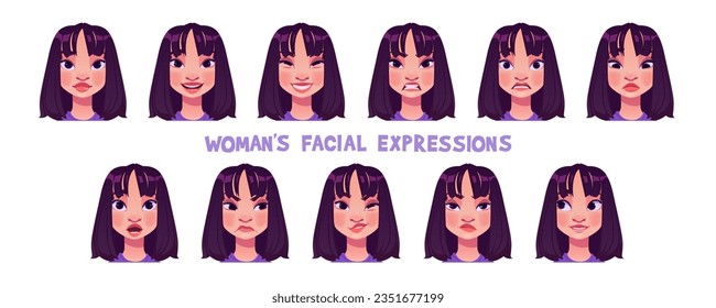 Woman character face emotion cartoon vector set. Happy, sad, angry and smile different female person feeling avatar illustration. Various brunette hair teenager mood expression. Comic user head