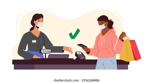 Woman Character in Facial Mask Use Pos Terminal for Cashless Paying for Purchase in Supermarket, Contactless Payment with Credit Card Reader Machine, NFC Technologies. Cartoon Vector Illustration