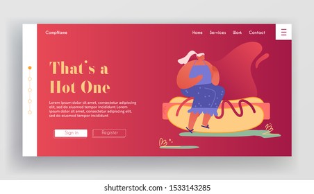 Woman Character with Fastfood Website. People Eating Street Fast Food, Hot Dog Online Meal Order Website Landing Page. Cartoon Flat Vector Illustration