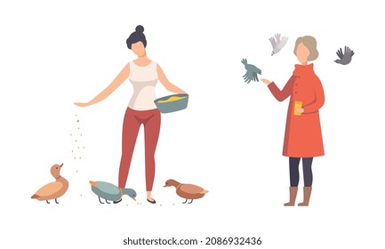 Woman Character Feeding Birds with Crumbs and Grain Walking in the Park Vector Set