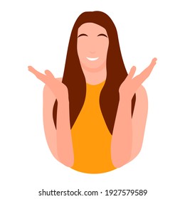 Woman character flat style illustration isolated on white cheerful smiling face hand sign gesture arm up