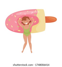 Woman Character Floating on Rubber Inflatable Raft of Ice Cream Shape in Swimming Pool Vector Illustration