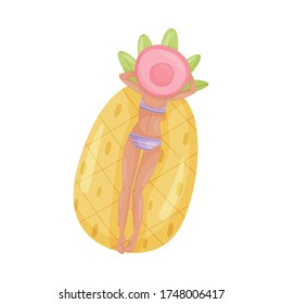 Woman Character Floating on Rubber Inflatable Raft of Pineapple Shape in Swimming Pool Vector Illustration