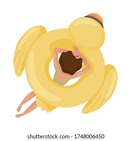 Woman Character Floating on Rubber Swim Tube of Duck Shape in Swimming Pool Vector Illustration