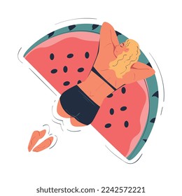 Woman Character Floating on Watermelon Air Mattress in Swimming Pool Vector Illustration