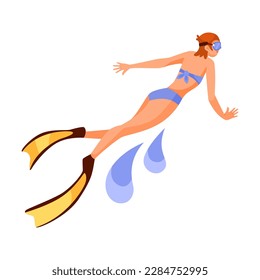 Woman Character Floating Underwater in Goggles and Flippers Doing Water Sport Activity Vector Illustration