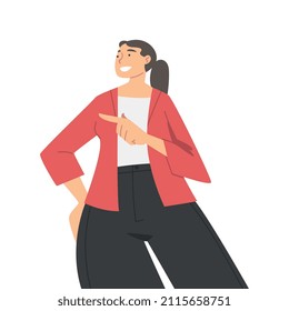 Woman Character in Formal Suit Standing and Smiling Pointing Finger Perspective View Vector Illustration