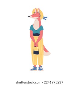 Woman Character with Fox Animal Head Standing Wearing Hat and Holding Bag Vector Illustration