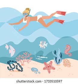 Woman character free diving or snorkeling underwater on sea bottom with corals and seaweed. Girl swimmer. Active recreation, vacation and leisure activity. Cartoon Flat Vector Illustration