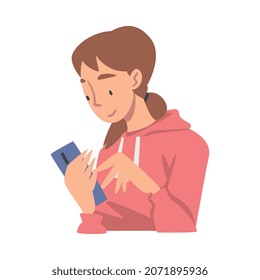 Woman Character Gathering News Reading Article on Smartphone Vector Illustration