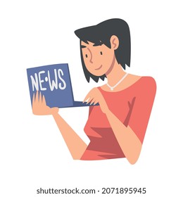 Woman Character Gathering News Using Laptop Vector Illustration