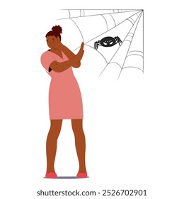 Personaje De Mujer Gesticulando Con Puro Miedo A Que Una Araña Gire Su Web. La Imagen De Vector De Dibujos Animados Captura La Fobia Común De Las Arañas Y Transmite La Emoción De Paranoia Y Ansiedad A Través Del Lenguaje Corporal