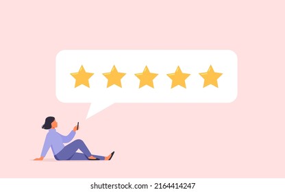 Woman character giving five star feedback on smartphone. Client evaluating product, service. Customer satisfaction assessment concept.