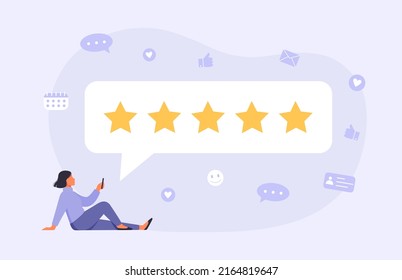 Woman character giving five star feedback on smartphone. Client evaluating product, service. Customer satisfaction assessment concept.