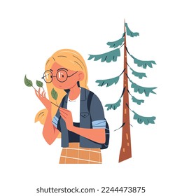 Woman Character in Glasses Studying Nature Exploring Green Tree Branch Vector Illustration