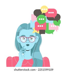 Woman Character in Glasses with Type of Thinking with Chat Bubbles as Mindset Model in Her Head Vector Illustration