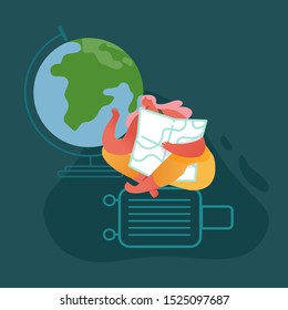 Woman Character with Globe and Suitcase on Adventure Tourism, Traveling Abroad, Planning Summer Vacation Trip, Backpacking Concept Illustration. Flat Cartoon Vector