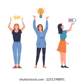 Woman Character with Glowing Lightbulb, Lightning and Battery Vector Set