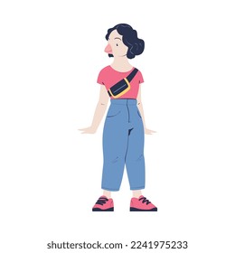 Woman Character with Goose Animal Head Standing Wearing Pants and Bag Vector Illustration