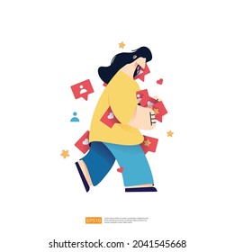 woman character grabbing like, heart, and share notifications. concept of addicted to social media and online feedback