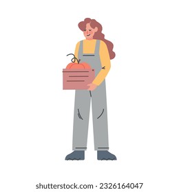 Woman Character at Greenhouse Standing with Crate and Pumpkin Harvesting Vector Illustration