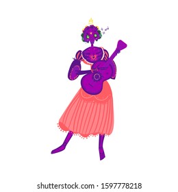 Woman character with a guitar for the Mexican holiday Day of the Dead. Mexican Halloween, female purple skeleton and skull. Isolated flat vector illustration of the day of the dead.