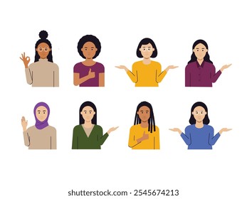 Woman Character with Hand Gesture, Half Body Diversity Woman Illustration Isolated on White Background 