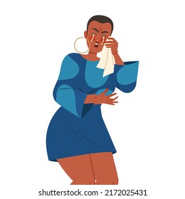 Woman Character with Handkerchief Crying, Weeping and Sobbing from Sorrow and Grief Feeling Sad and Upset Vector Illustration