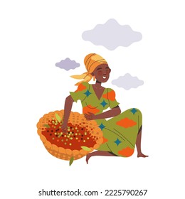 Woman Character Harvesting Coffee Picking Fresh Fruit in Basket Vector Illustration