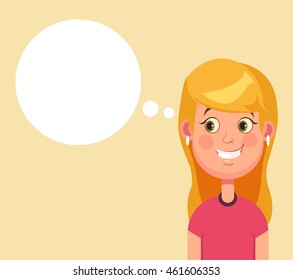Woman character has good idea and speech bubble.  Vector flat cartoon illustration