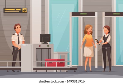 Woman Character And Her Luggage Being Checked In Airport Cartoon Background Vector Illustration